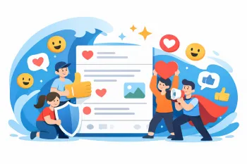 Лояльное сообщество защищает пост: вокруг большой публикации поднимается волна поддержки, люди держат лайки, сердца и щит, создавая атмосферу защиты автора.