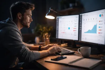 Молодой мужчина работает за столом ночью перед двумя мониторами в тёплом свете лампы, сосредоточенно глядя вперёд; экранов почти не видно, на столе лежат блокнот, телефон и кружка.