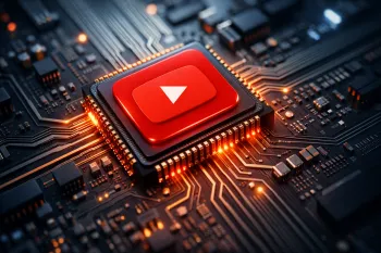 Логотип YouTube в виде процессора на микросхеме, символ анализа видео алгоритмами ИИ