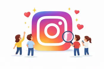 Маленькие люди рассматривают большой логотип Instagram.