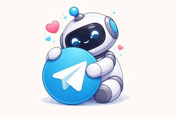 Милый мультяшный робот обнимает круглый логотип Telegram на светлом фоне. Минималистичная иллюстрация в голубых и белых тонах.
