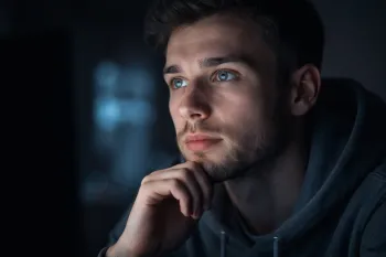 Заинтересованный зритель смотрит видео, его лицо освещено холодным светом экрана в темной комнате.