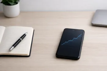 Рабочий стол с блокнотом, ручкой и телефоном с графиком