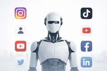 Робот в минималистичном стиле, окружённый логотипами социальных сетей, символизирует ИИ-управляемое продвижение в SMM