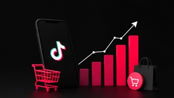 TikTok как канал продаж: смартфон, корзина и график роста ecommerce-метрик