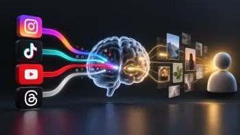 Instagram, TikTok, YouTube and Threads algorithms analyzing content and personalizing recommendations