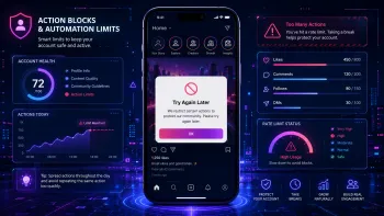 Смартфон с предупреждением Try Again Later и панелями лимитов действий в Instagram.