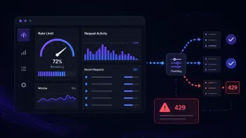 An API dashboard shows request limits, traffic throttling, and a 429 Too Many Requests warning.