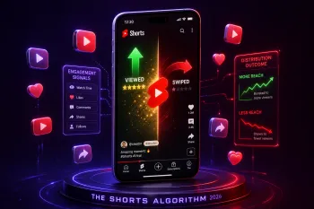 YouTube Shorts algorithm 2026 with viewed and swiped signals, engagement metrics, reach outcomes and recommendation factors