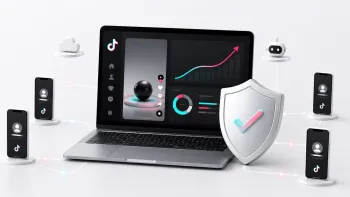Minimalist illustration of TikTok analytics, automation, and account protection with a growth chart and network connections.