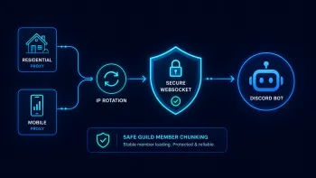 Резидентные и мобильные прокси, IP Rotation и защищённый WebSocket помогают безопасно выполнять Guild Member Chunking.