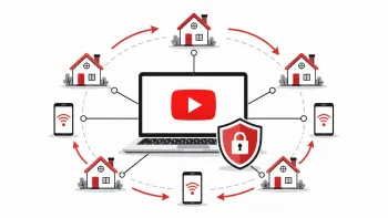 Minimalist illustration of a protected YouTube network with residential proxies, IP rotation, and mobile devices.