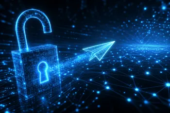 An open glowing digital padlock with a paper plane flying through a blue network, symbolizing secure Telegram proxy access and protected data transfer.