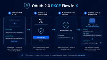 Схема OAuth 2.0 PKCE Flow в X с генерацией code_verifier, code_challenge, auth code и access token.