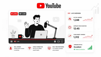 Минималистичная иллюстрация прямой трансляции YouTube с активными зрителями, стабильным соединением и live-аналитикой.