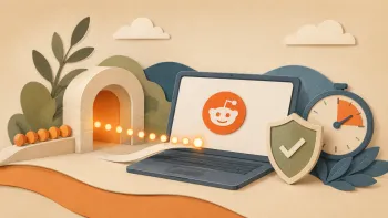 Request queue passing through a gateway to a Reddit app on a laptop, with a timer and green shield for safe operation.