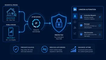 Residential and mobile proxies pass through IP rotation and a protection layer for safe LinkedIn automation and data extraction.