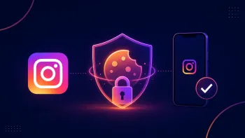 Логотип Instagram, защищённый cookie с замком и смартфон с подтверждённой безопасной сессией.