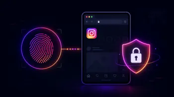 Digital fingerprint, Instagram interface, and security shield as a symbol of session protection.