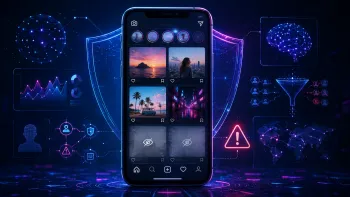 Смартфон с интерфейсом Instagram, скрытыми публикациями и неоновыми элементами алгоритмов теневого бана.