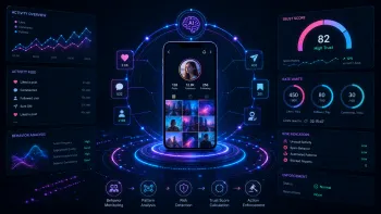 Instagram account monitoring dashboard with trust score, activity limits and behavior analysis.