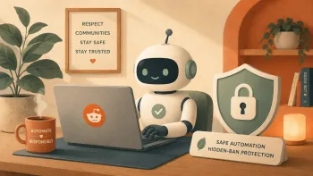Robot working on a laptop with a Reddit icon in a cozy office, next to a lock shield and safe automation sign.