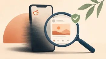 Смартфон с Reddit-постом частично уходит в тень, а лупа показывает видимый контент и зелёный щит проверки.