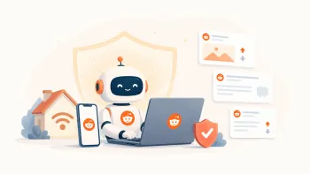 Дружелюбный бот Reddit работает за ноутбуком в защищённой среде с мобильным устройством, домашней сетью и карточками публикаций.