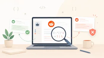 Laptop checking Reddit posts and comments with regex patterns, allowing safe content and blocking suspicious content.