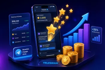 Telegram monetization illustration with premium gifts, stars, revenue growth and channel analytics chart
