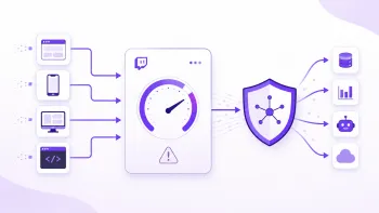 Diagram of Twitch API request limiting and protection with traffic distributed between devices, a server, and connected services.