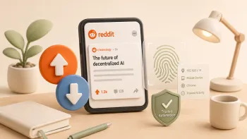 Reddit-пост на смартфоне, кнопки апвоута и даунвоута, цифровой отпечаток устройства и значок trusted automation.