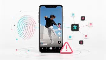 Minimalist illustration of TikTok with a video, digital fingerprint, hashtags, and a warning about content uniqueness checks.