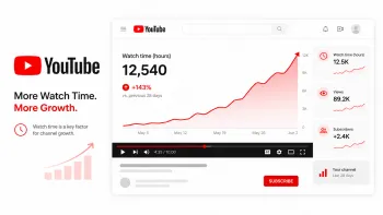 Минималистичная иллюстрация YouTube Analytics с графиком роста времени просмотра, просмотров и подписчиков.