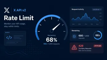 Дашборд X API v2 показывает лимит запросов, оставшуюся квоту и предупреждение HTTP 429 Too Many Requests.