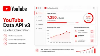 Минималистичная иллюстрация YouTube Data API v3 с панелью суточной квоты и графиком расхода запросов.