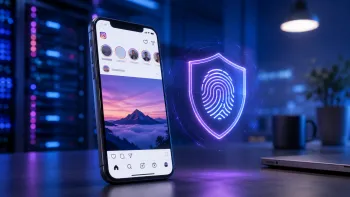 Смартфон с открытым Instagram и цифровым щитом с отпечатком устройства на фоне серверов.