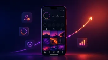 Minimalistic illustration of Instagram profile growth with phone, trust icons and promotion graph