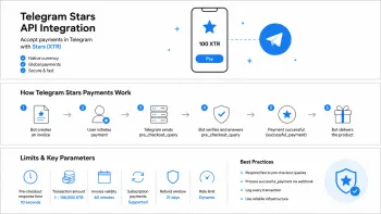 Инфографика Telegram Stars API Integration с описанием платежей XTR, этапов оплаты, лимитов и ключевых параметров API.