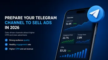 Telegram channel promotion analytics with audience growth, engagement rate, CPM, and ad revenue metrics for 2026 advertising sales.