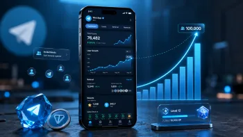 Панель аналитики Telegram Mini App с ростом пользователей, реферальной системой, наградами, балансом TON и целью в 100 000 пользователей.