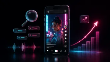 Minimalistic TikTok SEO illustration with phone, search, keywords and views growth graph.