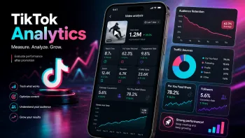 TikTok Analytics с метриками удержания, вовлеченности, источников трафика и роста просмотров после продвижения.